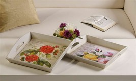 Floral Serving Trays w Handles Set of 2 Painted Wood Garden Kitchen Square