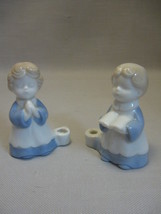 Porcelain Biedermann Blue White 2 Girls Mini Candle Holders Praying Sing... - $9.95