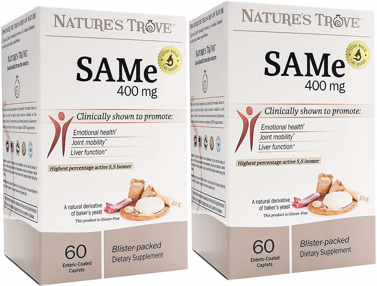 SAM-e 400mg 120 Enteric Coated Caplets (2 Boxes of 60) - Vegan, Kosher, Non-GMO,