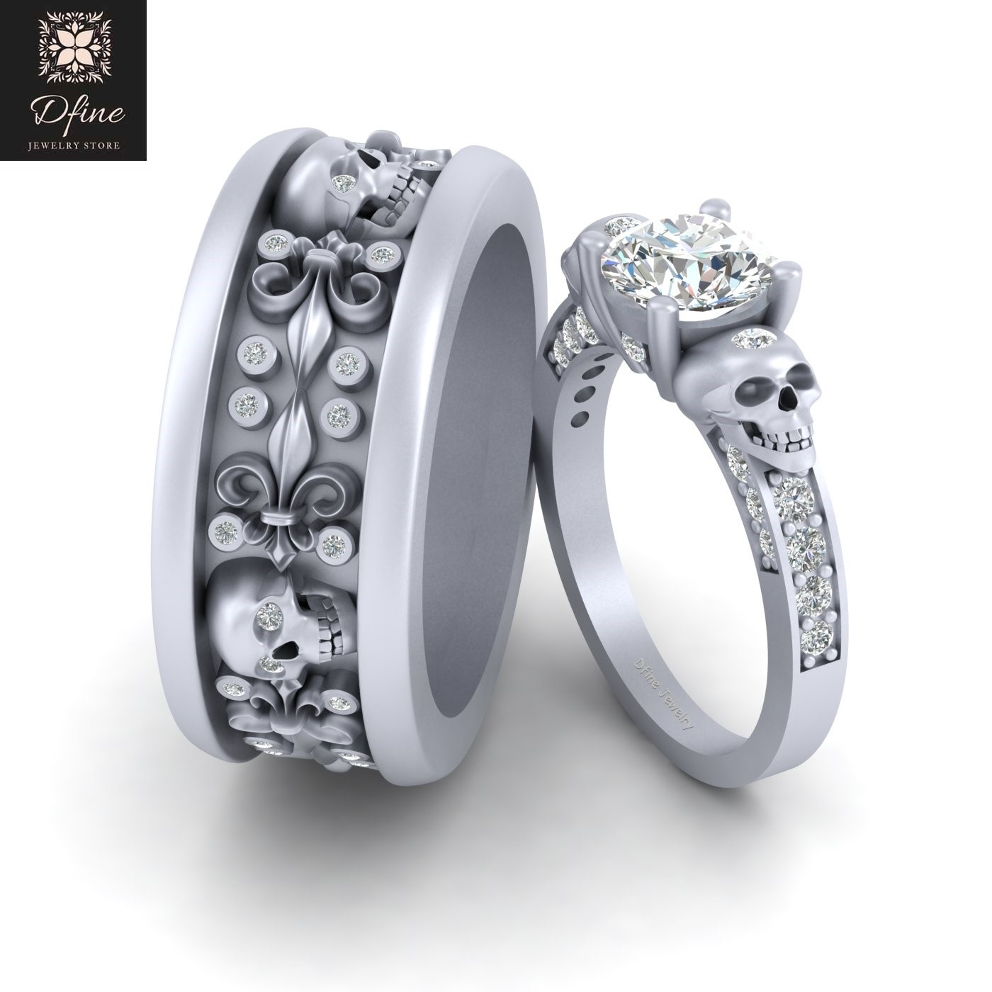 Gothic Skull Engagement Ring Diamond Skull Wedding Ring