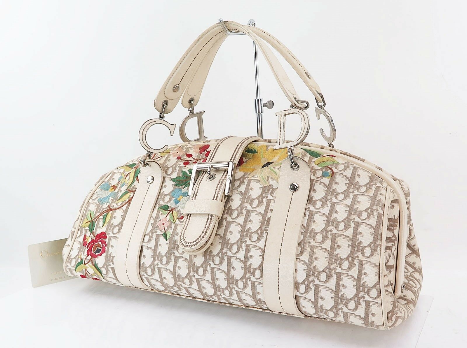 Auth CHRISTIAN DIOR Beige Trotter Canvas Embroidered Flowers Hand Bag