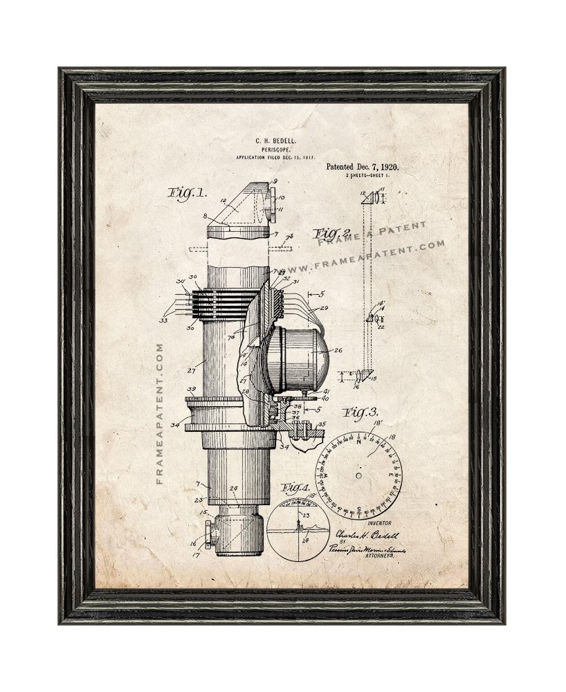 Periscope Patent Print Old Look with Black Wood Frame
