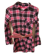  Justice Girls Size 10 Pink Black White plaid Gauzy Button Up Belted tun... - $12.82