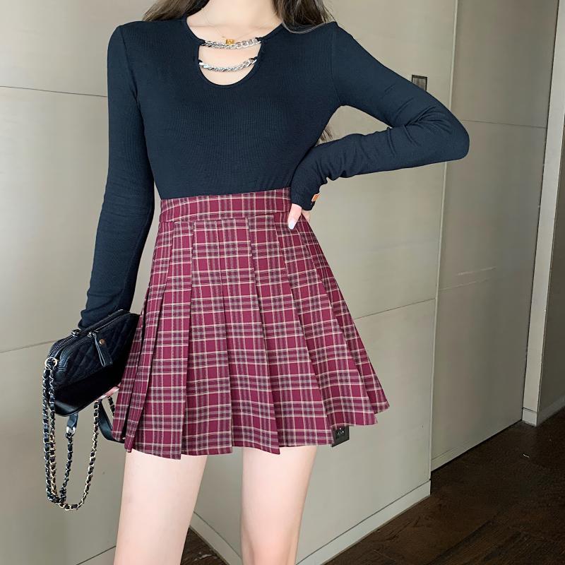 Women Girl Red Plaid Skirt Outfit High Waisted Pleated Red Plaid Skirt ...