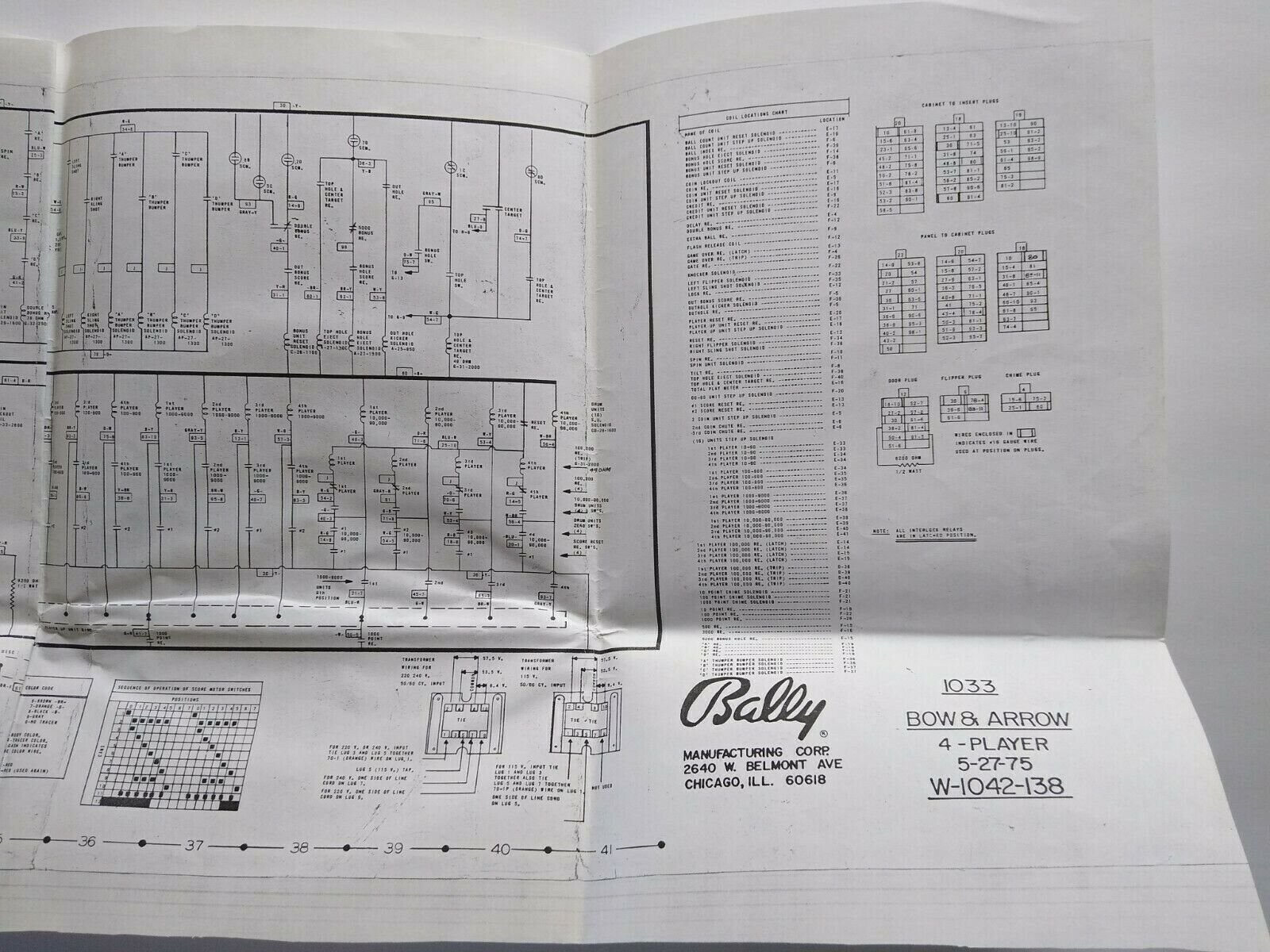 Bow & Arrow Pinball Machine Wiring Diagram Schematic 1974 Flipper Game Repair Arcade
