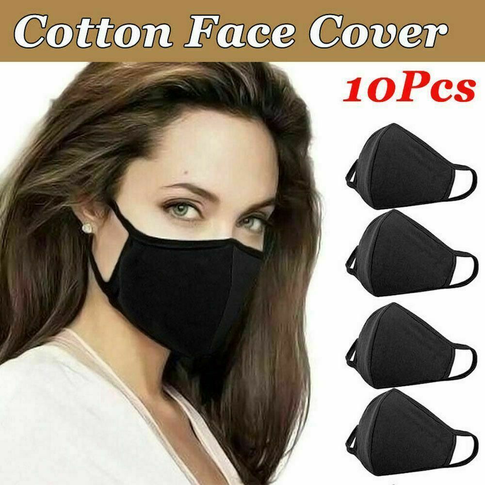 10 Pack Black Fabric Face Masks 2 Layers Reusable Washable Cloth Curved Mask