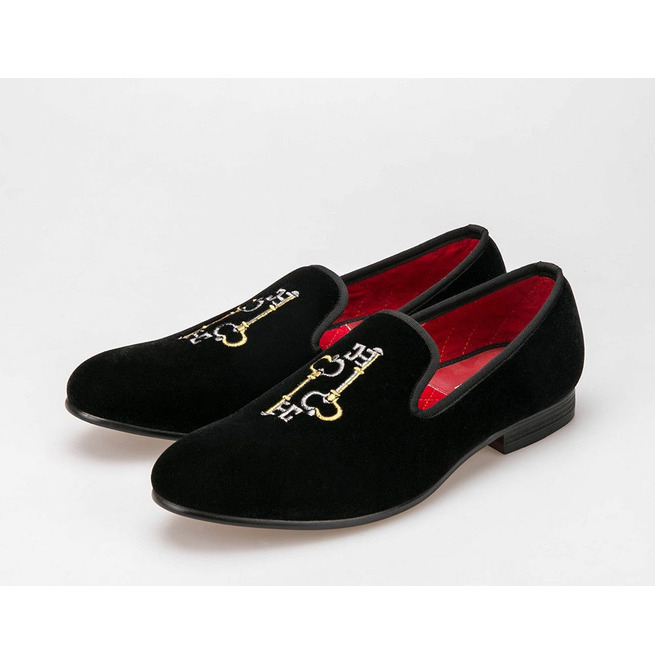 Key Embroidery Black Velvet Pull On, Men Handcrafted Formal Loafer Party Shoes,