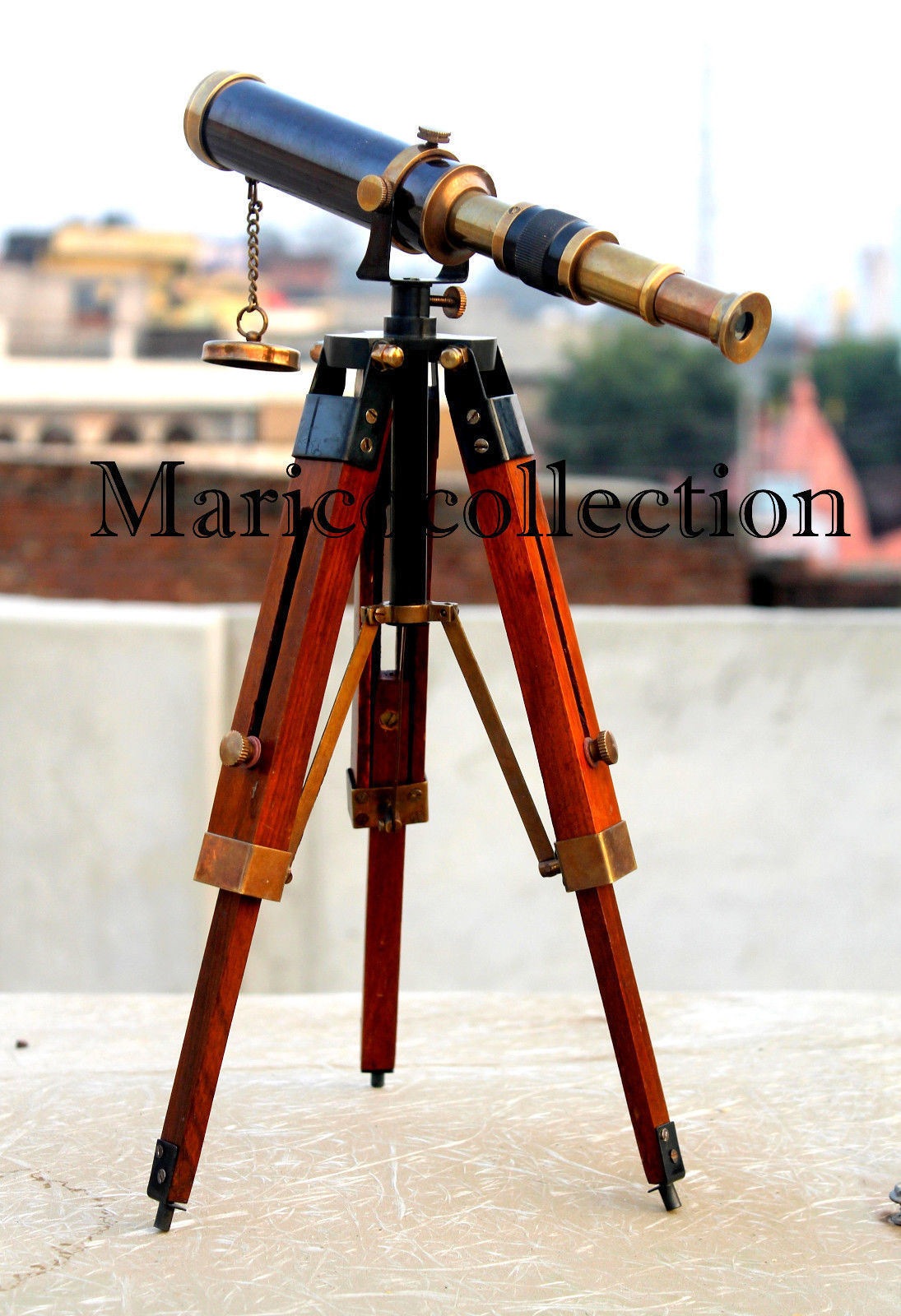 Antique Vintage Brass Telescope With Wooden Tripod Pirate Spyglass