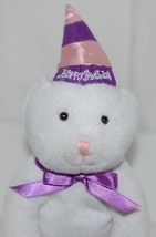 Solid White Plush Bear With Purple Bow Purple Pink Happy Birthday Hat image 5