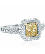Faint Yellow Cushion Halo Diamond 1.62 Ct Engagement Ring 18k White Spli... - $2,771.01