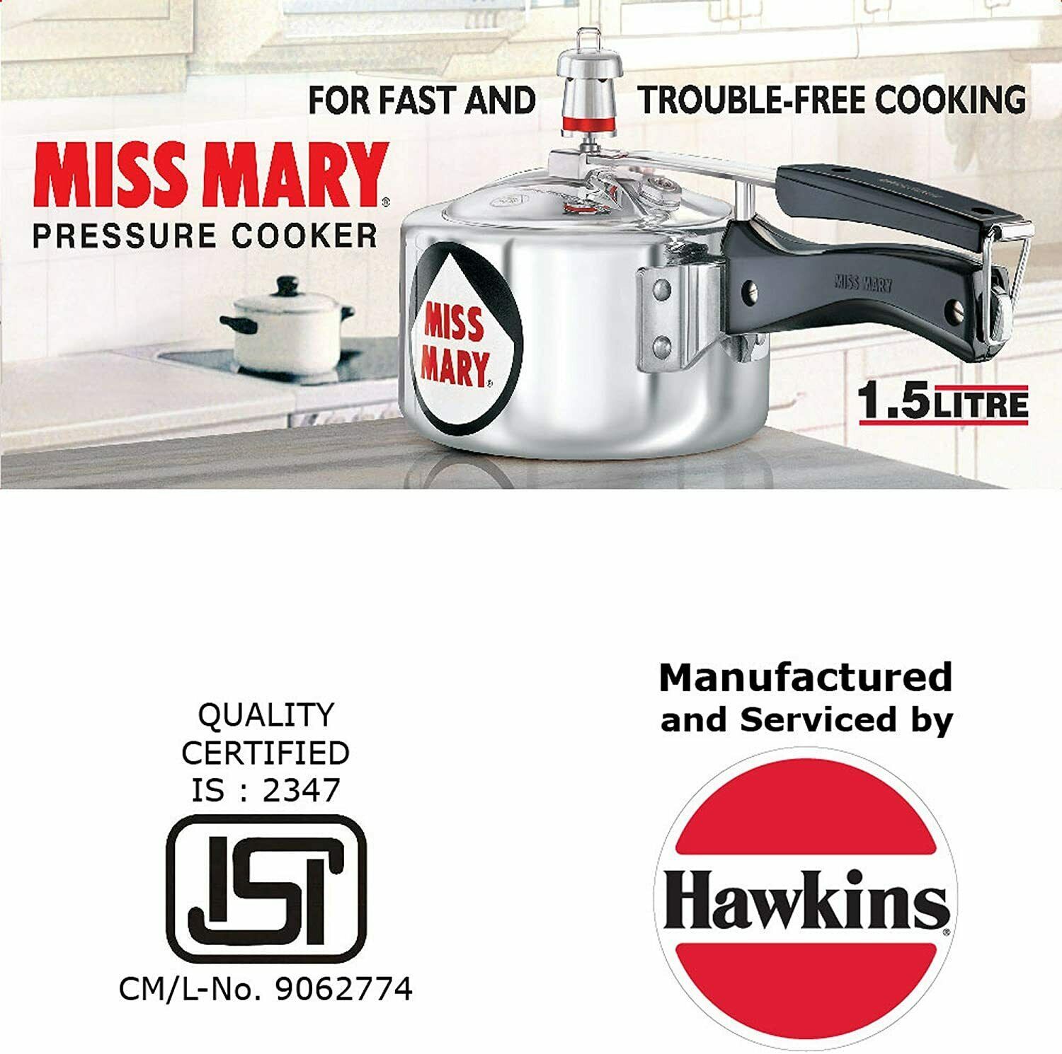 Hawkins MISS MARY Pressure Cooker 1.5 Lt Silver Aluminium Free Ship - $76.22