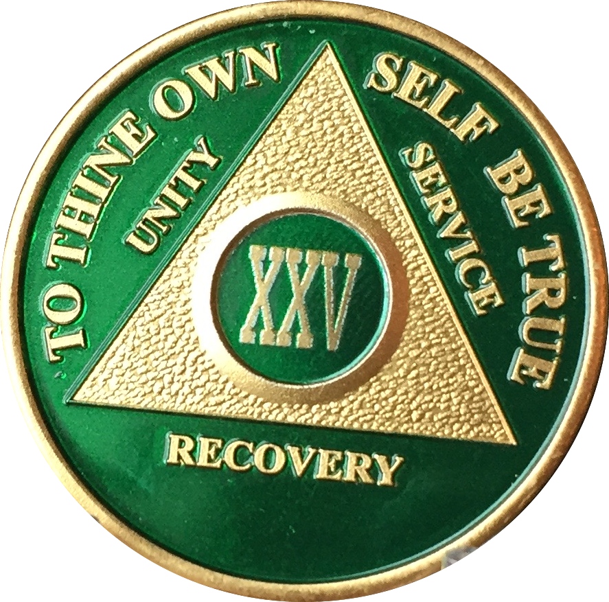 25 Year AA Medallion Green Gold Plated Alcoholics Anonymous Sobriety Chip Coin