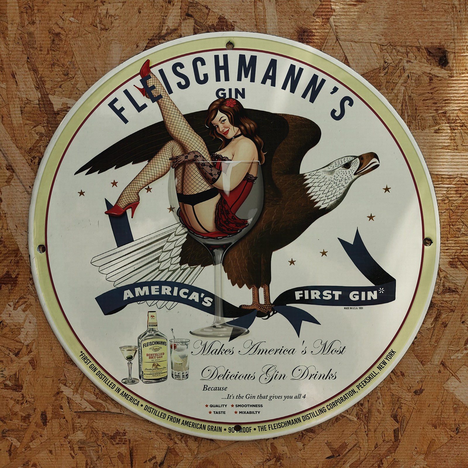 Vintage 1951 Fleischmann's Distilled Dry Gin Porcelain Gas & Oil Pump Sign 193069