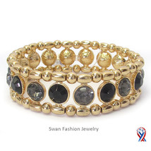 Gold Beaded Stretch Bracelet with Facet Crystals Shiny Black Gray Wide Band - $23.00