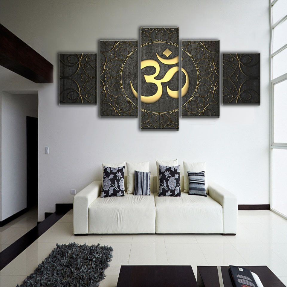 Framed 5 Panel Ganesha Om Hindu Symbol Canvas Print Painting Wall Art