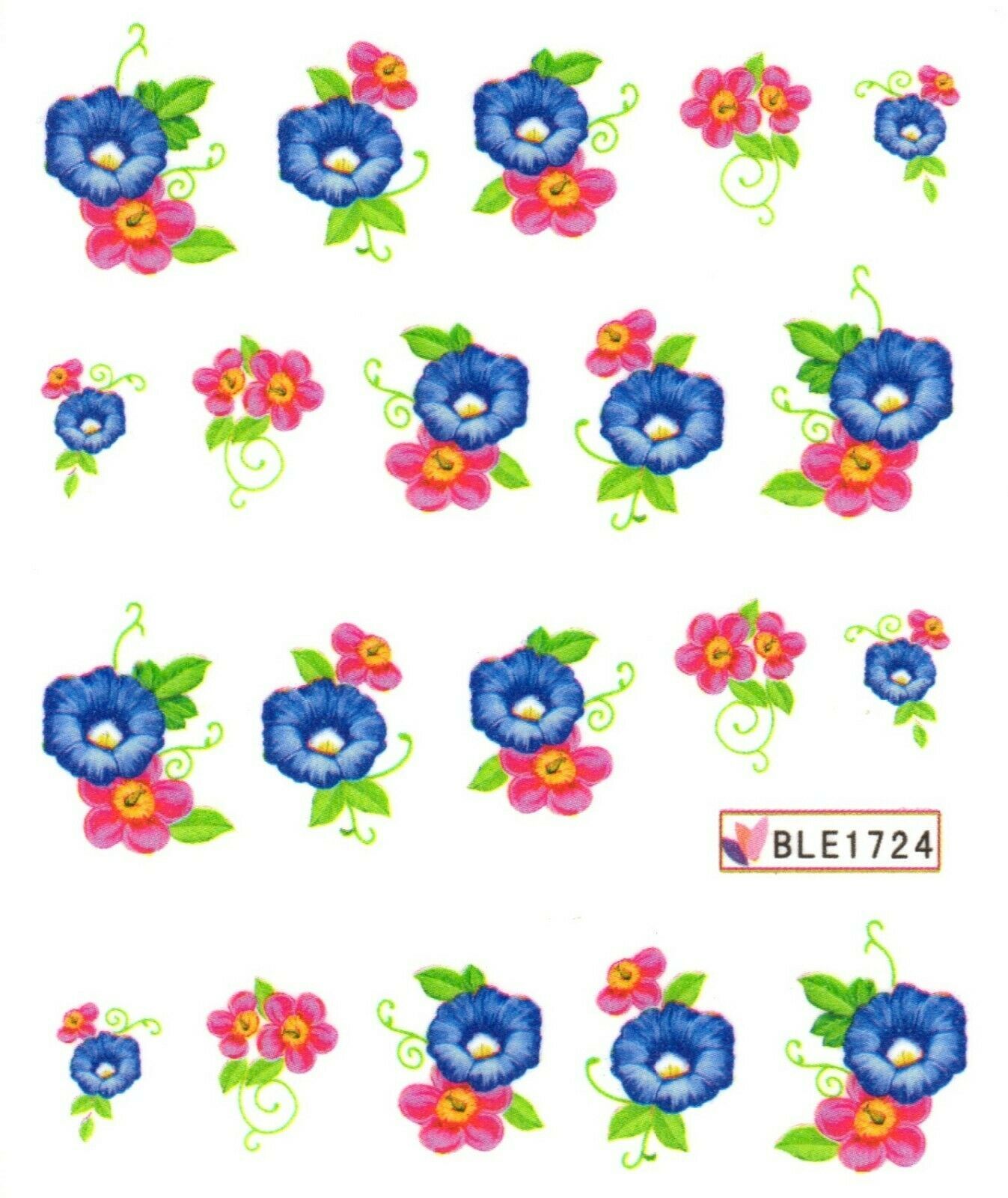 Nail Art Water Transfer Sticker Decal Stickers Pretty Flowers Pink Blue BLE1724