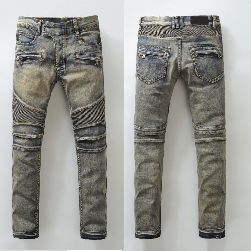 Image of HI-Q 2017 Men Classic Jeans Knee Drape Panel Moto Biker Jeans Size 28-38 (939)
