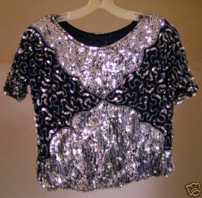 Sequined Navy and Silver Glamour Top med. 100% Silk - Tops