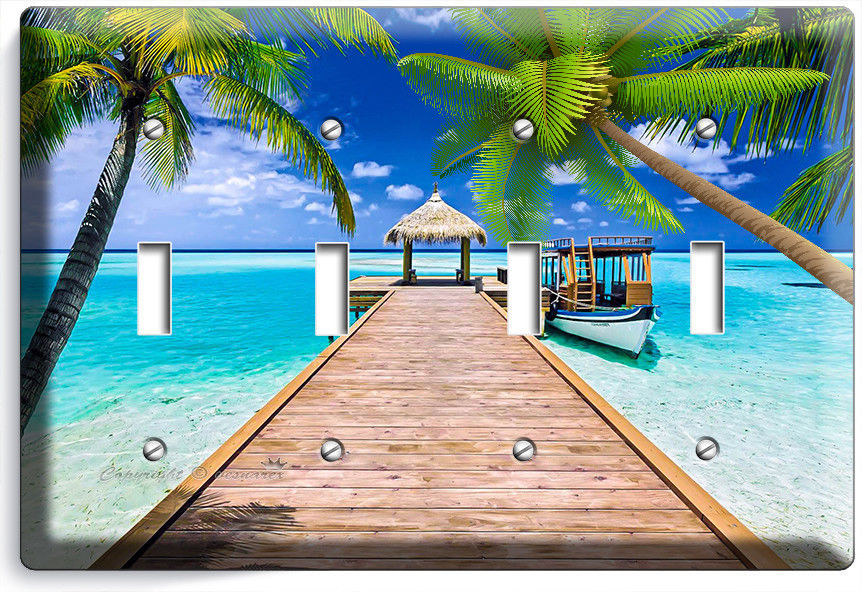 Primary image for CARIBBEAN SEA PALMS PIER BOAT 4 GANG LIGHT SWITCH WALL PLATE BATHROOM HOME DECOR