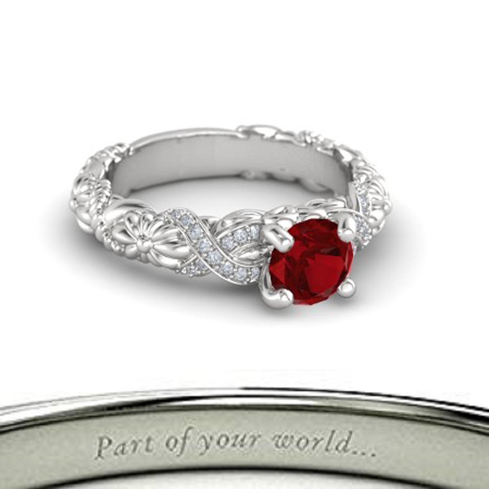 Round 14k White GP Red Ruby & CZ Diamond Engagement Flowers Knotted Bouquet Ring