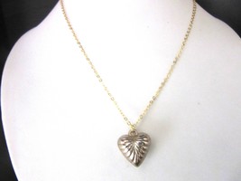 Puffy Heart Pendant Necklace Small Gold Plated Art Deco Style 16 - 18.5" Inches - $9.99