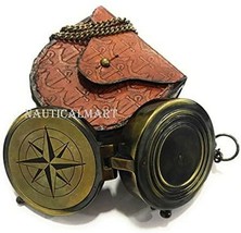 Antique Brass Compass Nautical Pocket Compass Leather Case Vintage Camping