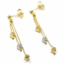 18K YELLOW WHITE GOLD PENDANT EARRINGS, THREE WIRES, SMALL CUBES, 4 cm image 2