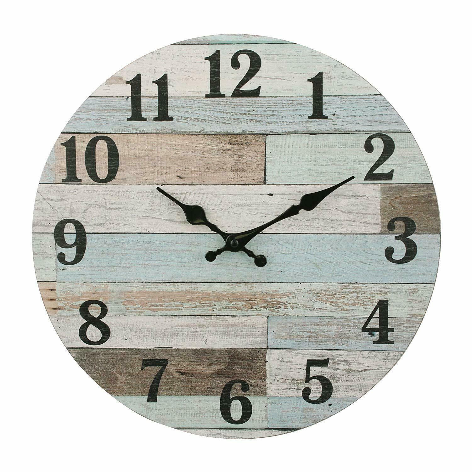 Nice Wall Clock 14" Blue Wooden Style Shabby Chic Rustic Coastal Beach