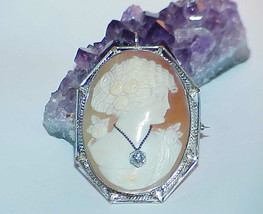14k Cameo Brooch Filigree White Gold Diamond Ornate Beautiful Antique Vi... - $584.09