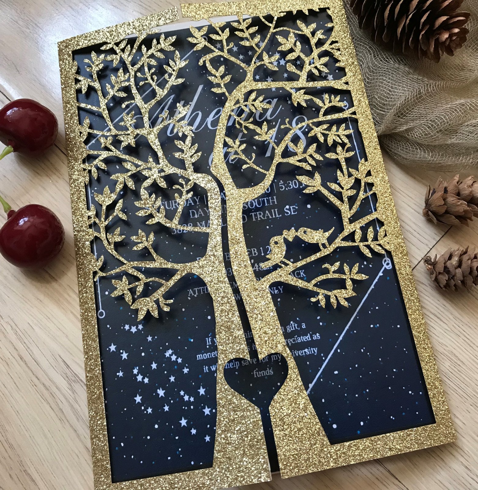 50pcs glitter gold Love Tree laser cut invitations,Laser Cut wedding invite Card