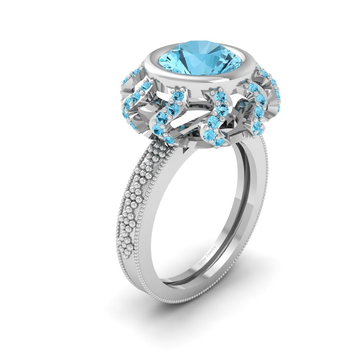 Bezel Set Aqua Diamond Engagement Ring Womens Classic Wedding Ring For Womens