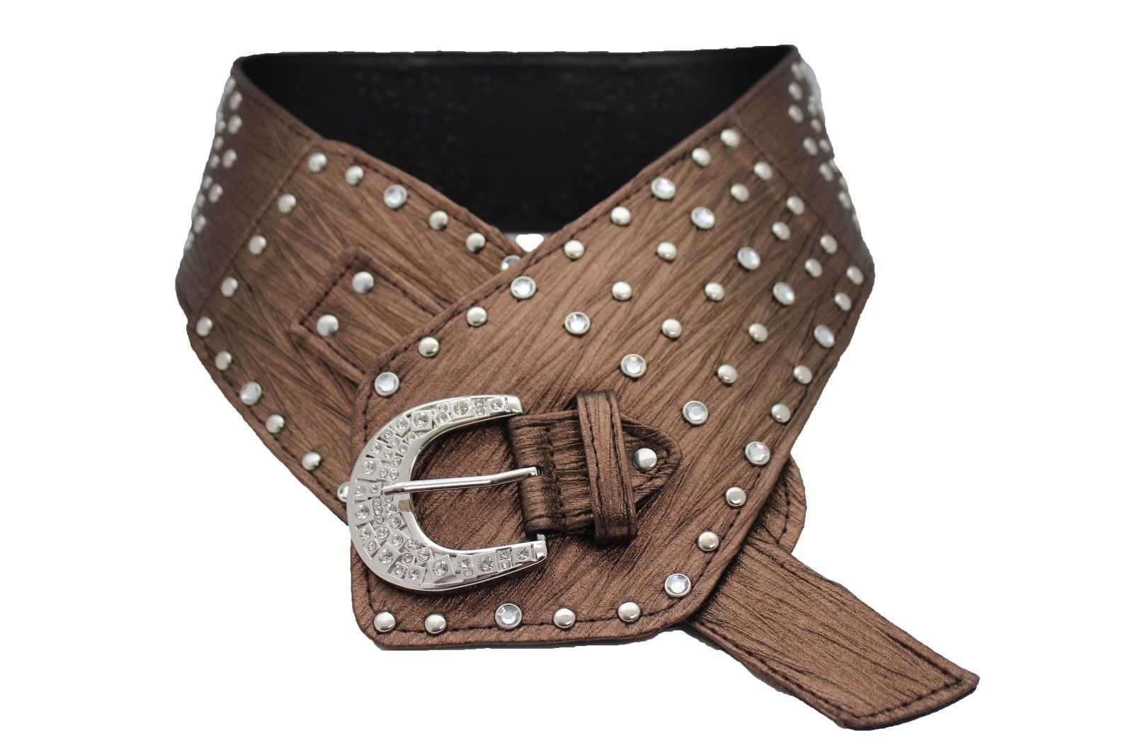 Fun Fancy Women Brown Wide Western Fashion Belt Metal Bling Big Buckle
