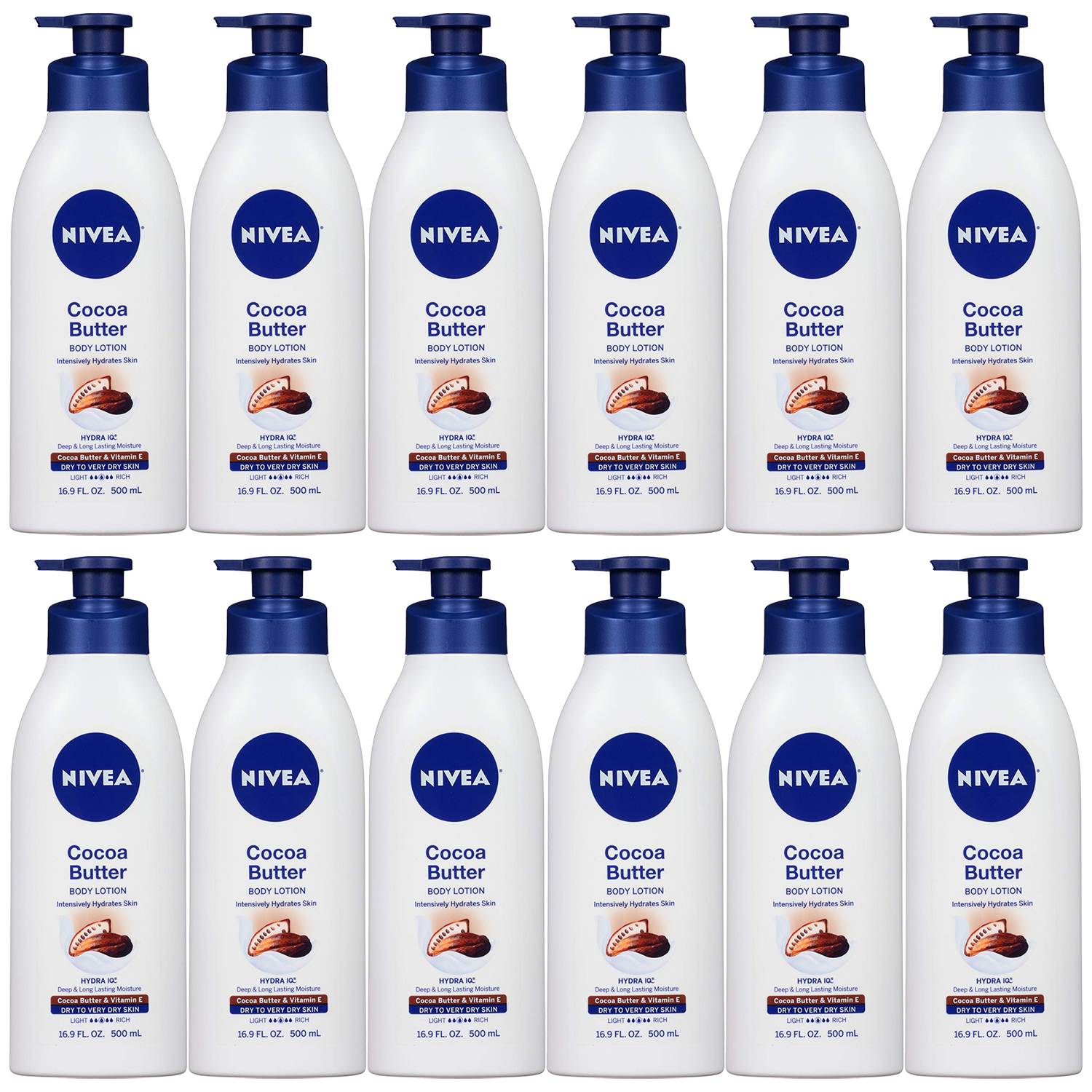 12-Pack New Nivea Lotion Cocoa Butter 16.9 Ounce Pump Dry To Very Dry Skin 500ml