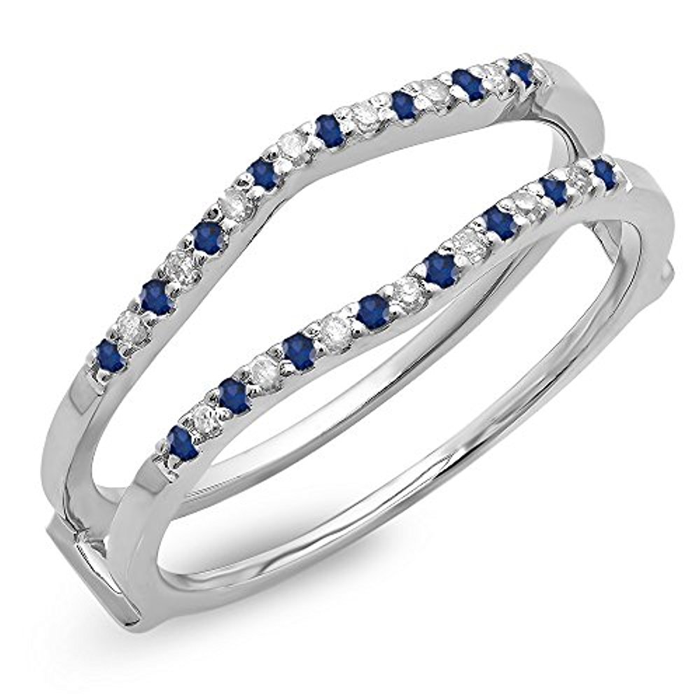 14K White Round Blue Sapphire Ladies Anniversary Band Enhancer Guard Double Ring