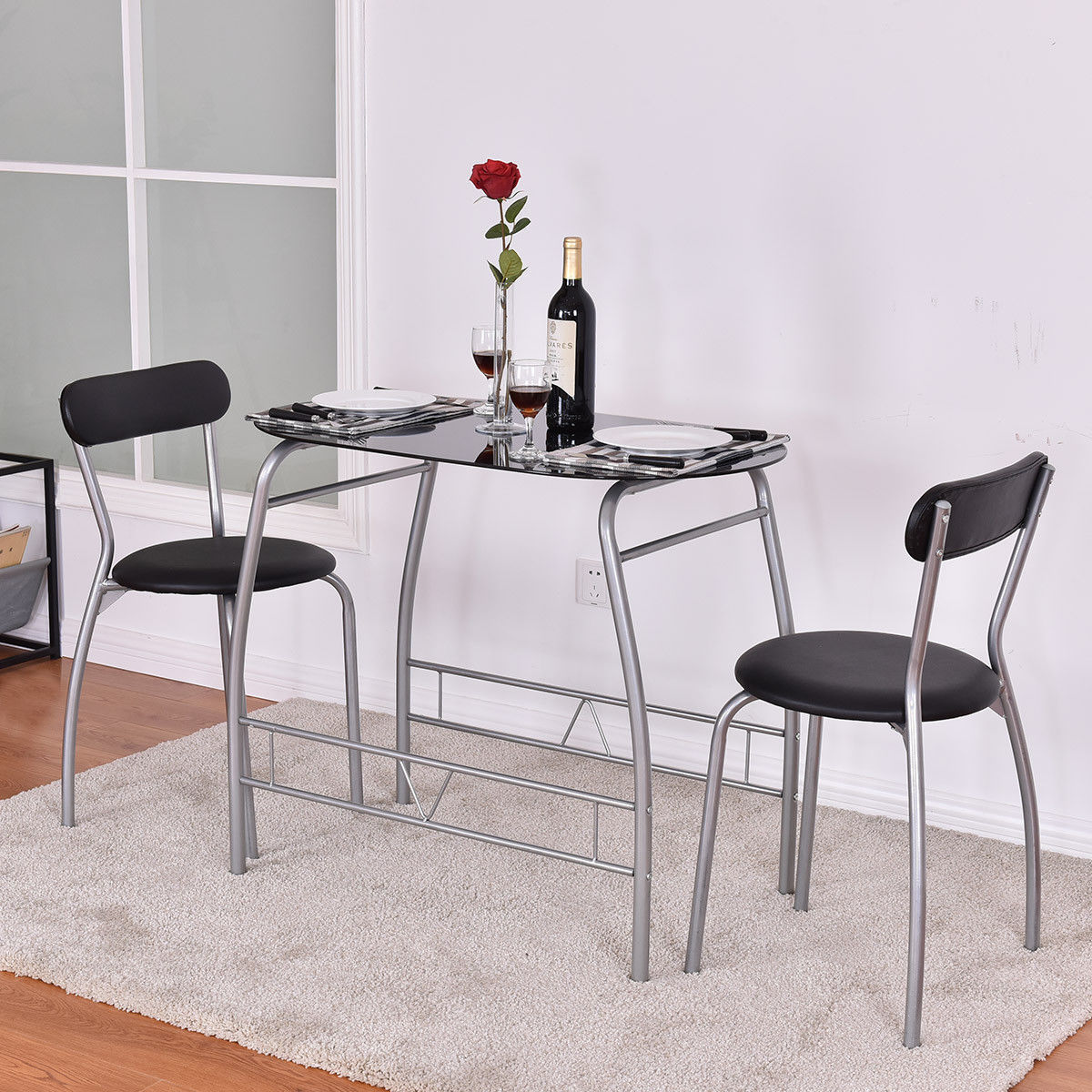 3 Piece Black Gray Metal Glass Small Space Dining Set Table Chairs