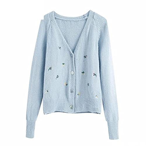 Flower Embroidery Cardigan Knitted Sweater Female v Neck Long Sleeve S341, As Pi