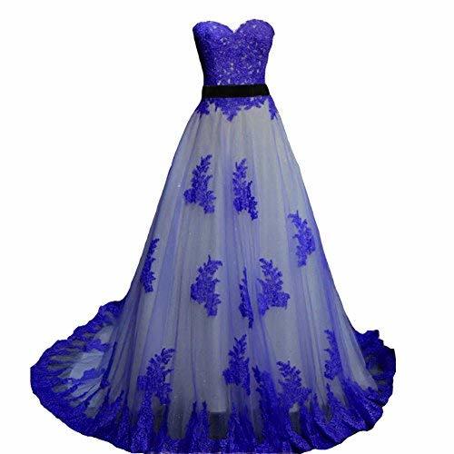 Royal Blue Lace Long A Line Sweetheart White Prom Dress Wedding Gown US 4