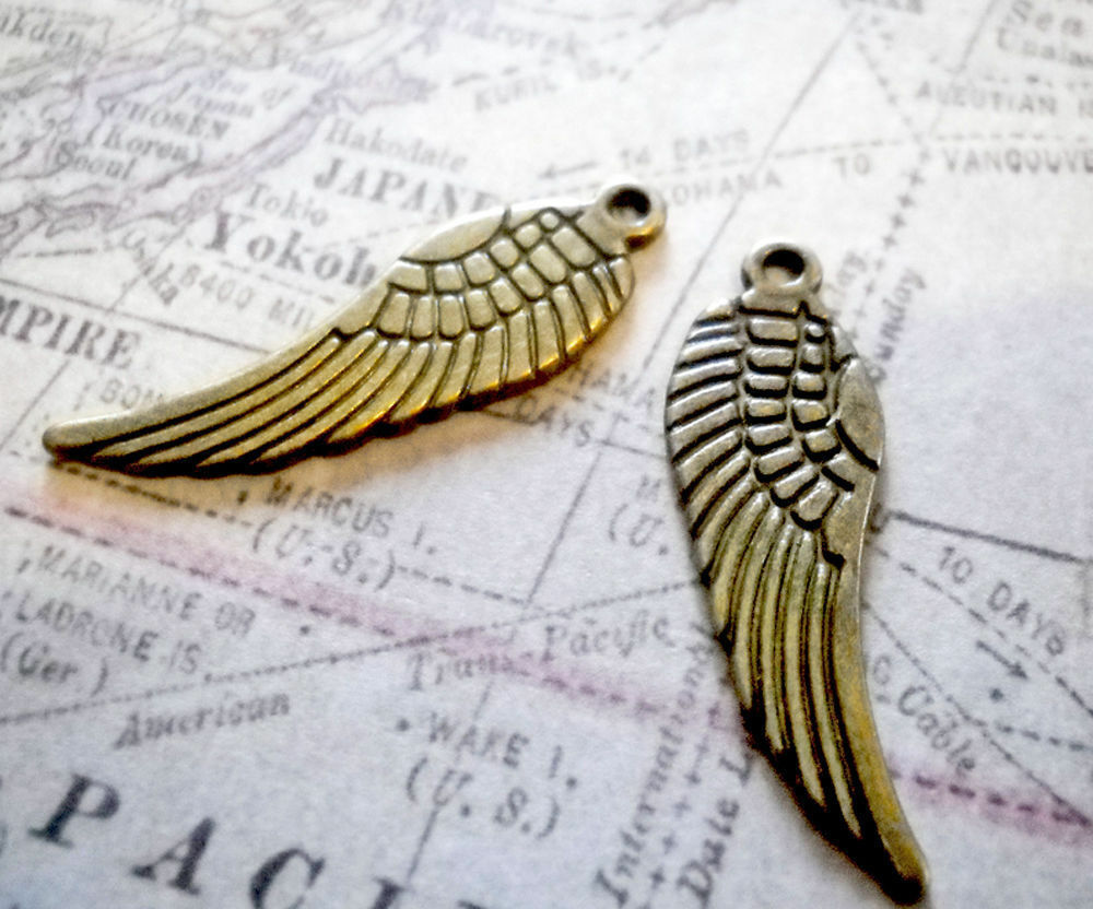 6 Angel Wing Charms Antique Bronze Tone 2 Sided Findings 30mm