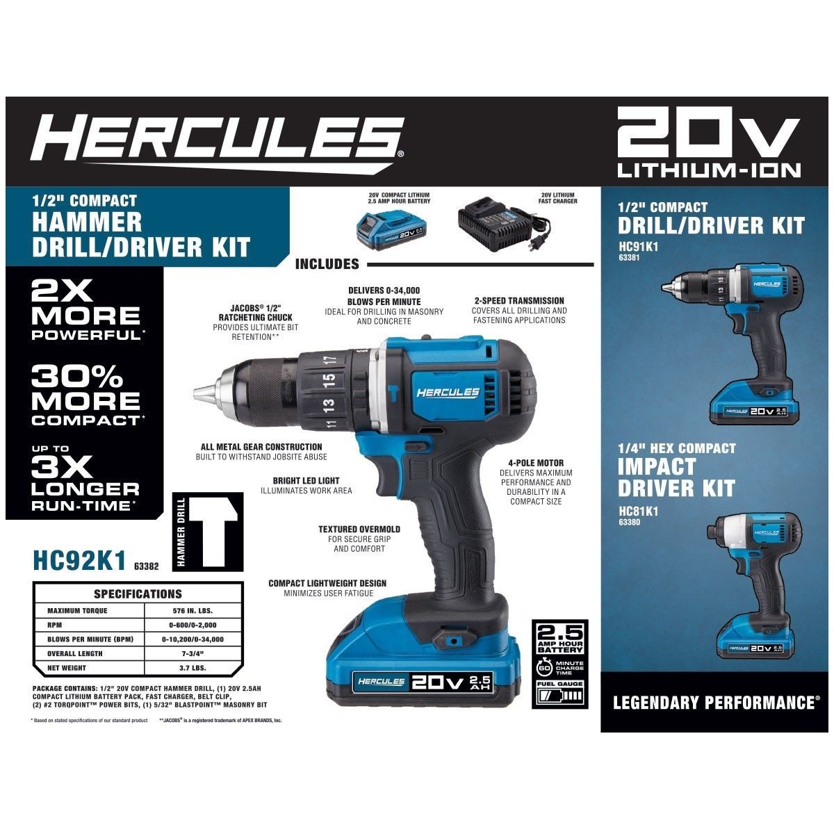 Hercules 20V Lithium Cordless 1/2 In. Compact Hammer Drill/Driver Kit