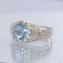 Blue Aquamarine Oval Gemstone 925 Silver Flower Ring Size 7.25 Floral De... - $113.05
