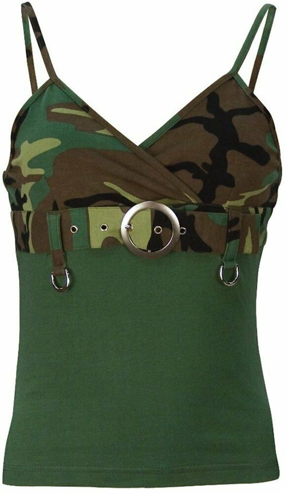 Womens Camo Cami Top Spaghetti Strap Tank Military Army Camisole Buckle