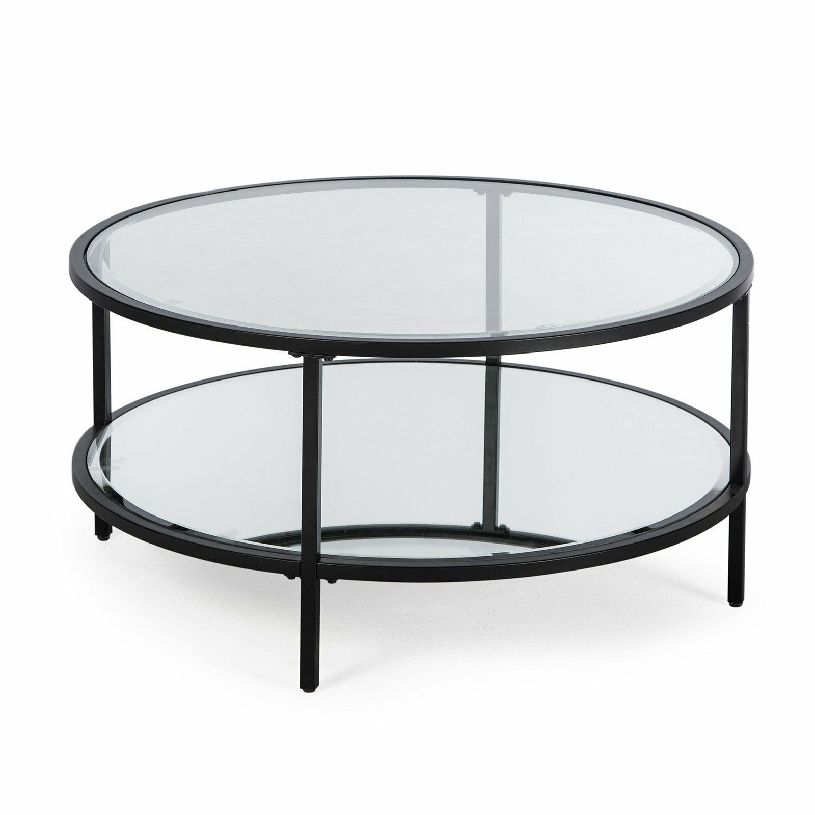 Contemporary Glam Metal Glass Modern Round Black Coffee Table w/ Shelf