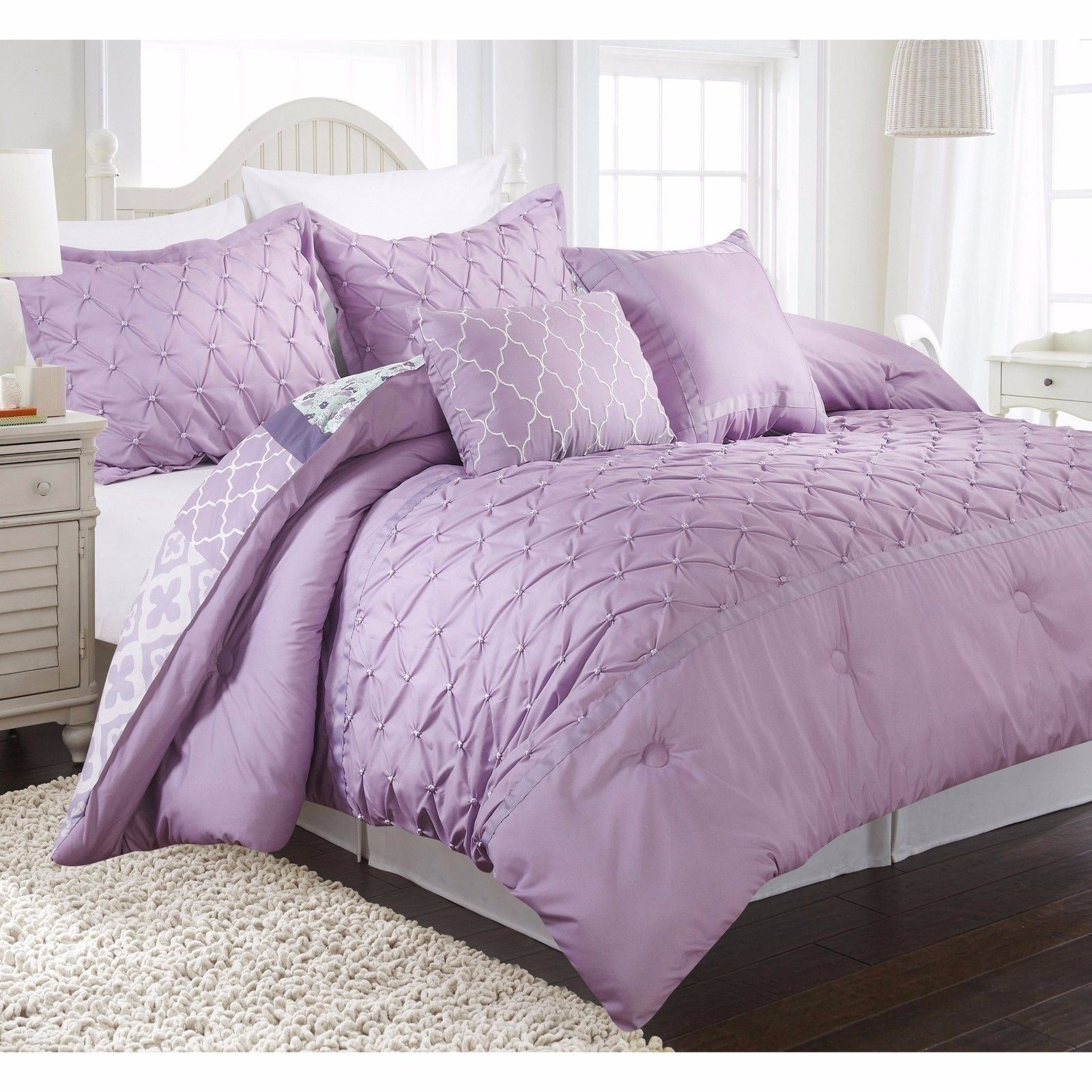 Twin Full Queen Lavender Purple Pintuck Pleat Floral 5 pc Comforter Set ...