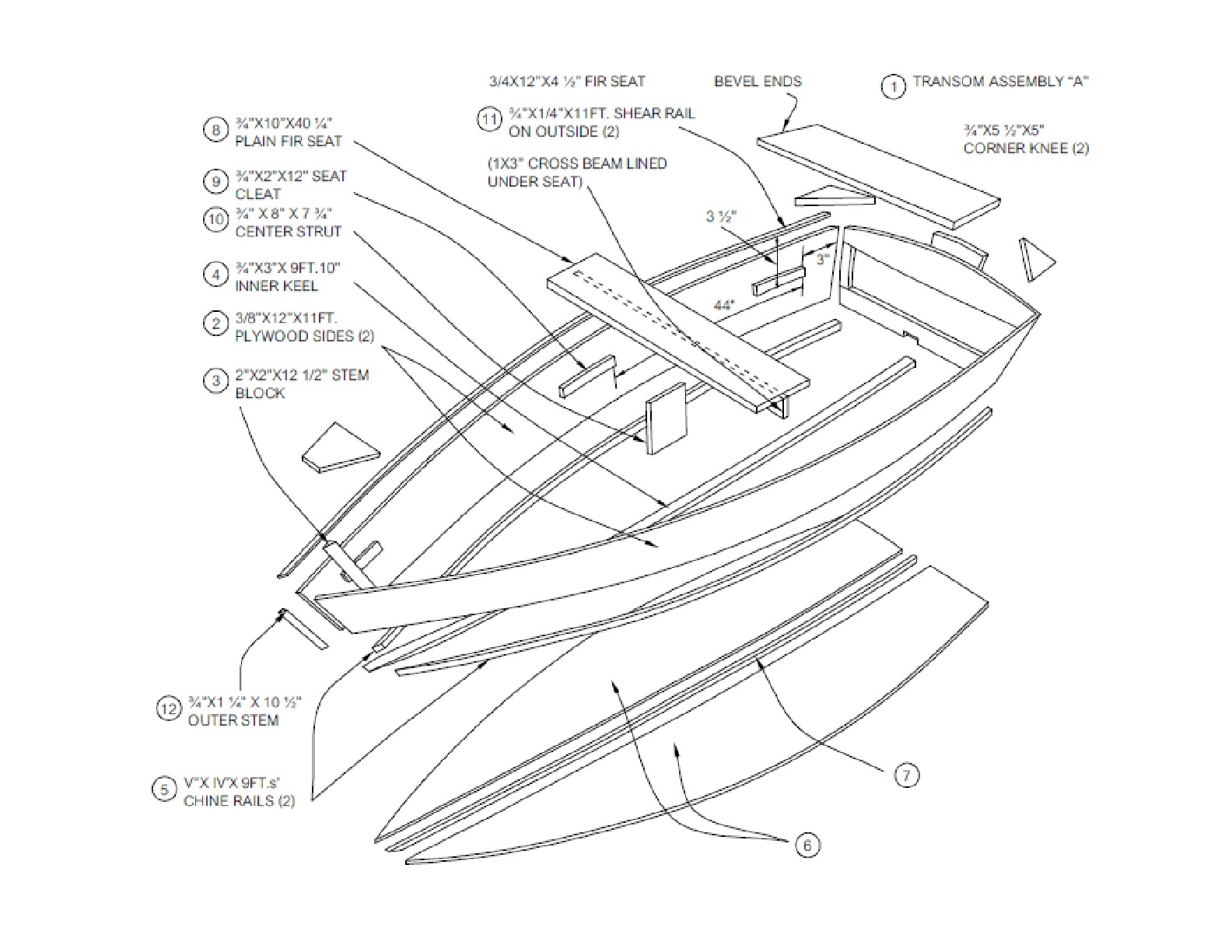 Row Boat Plans DIY Wooden Rowboat Skif Dory Canoe 11' x 3' Rowing Craft