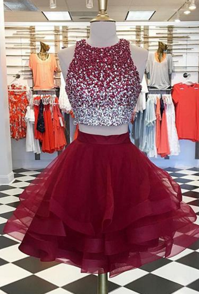 2 Pieces Above Knee Tulle Prom Dress Scoop Neck Beaded Short Women Party Dress