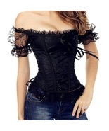 Front and Back Black Ribbon Lace Up Bustier Corset With Sheer Lace Cap S... - $48.95