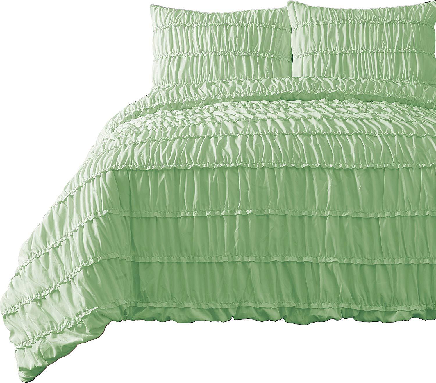 3pc Comforter Set Ruched Pinch Pleat Ruffled FULL Size Bed, Green