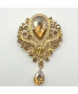 FLORAL DROP BROOCH Pin Pendant Amber Color Ab Rhinestone Cluster Costume... - $14.50