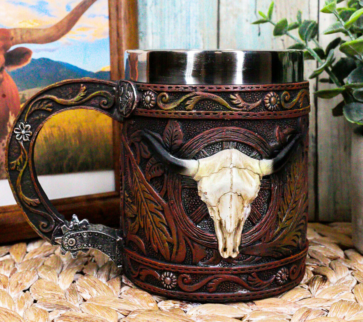 Rustic Western Bull Skull Cow With Dreamcatcher Feathers Faux Tooled Leather Mug