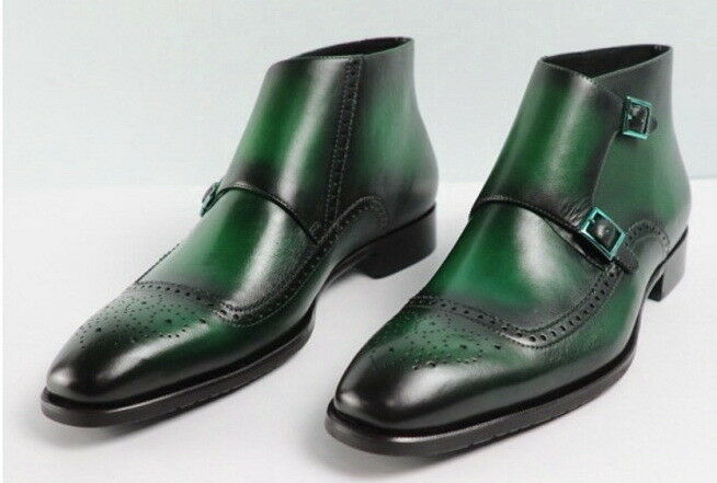 Monk Boots Green Black Burnished Brouging Double Buckle Premium Quality Leather